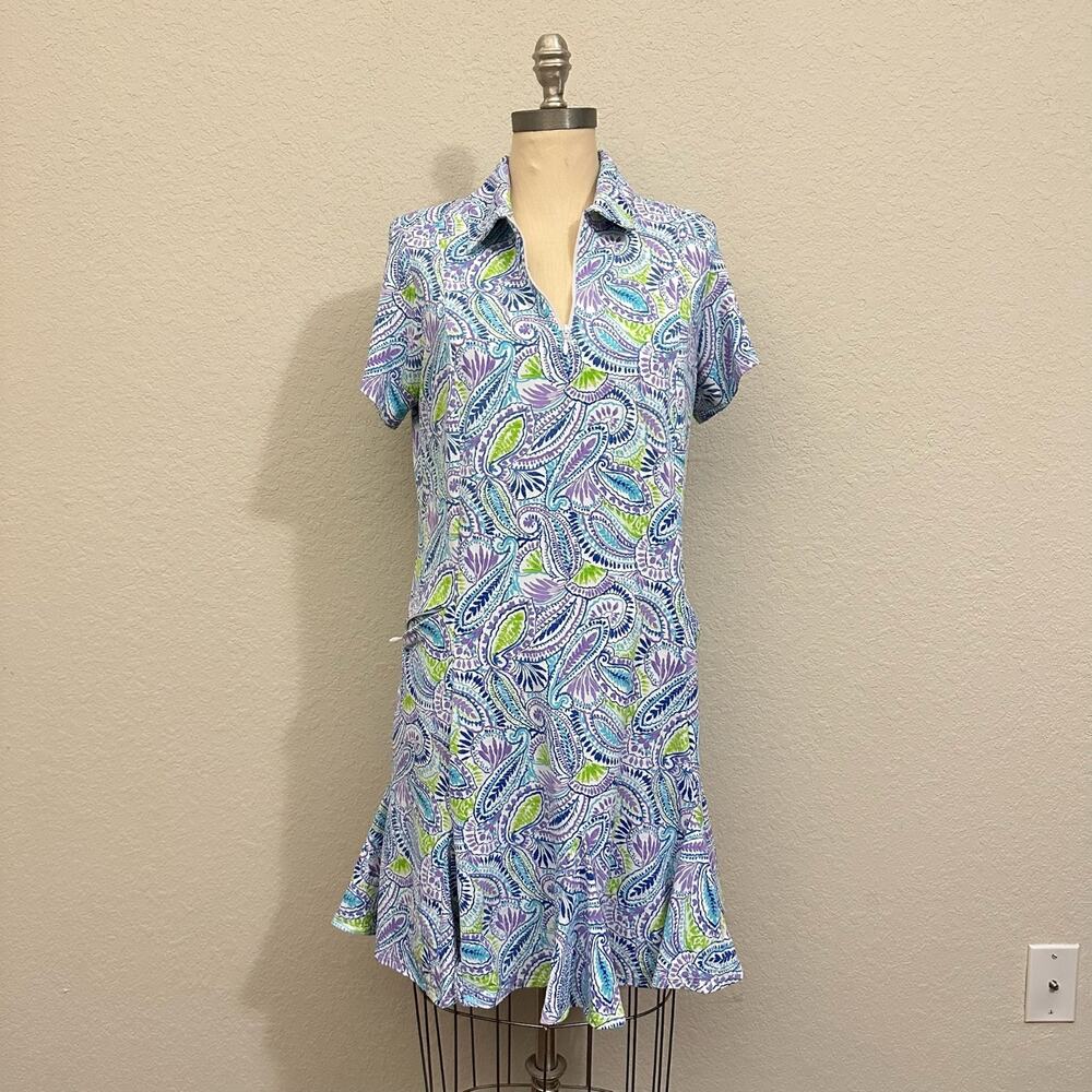 IBKUL Gloria Godet Dress Paisley Blue Purple Short Sleeve UPF 50+ Golf